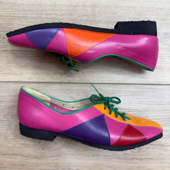 Vintage David Tate Leather Oxfords Colorful Twee Patchwork Lace Up Shoes Size 7N - Picture 2 of 7